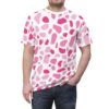 This white crewneck t-shirt is covered in an abstract pattern of pink and darker pink shapes resembling camouflage.