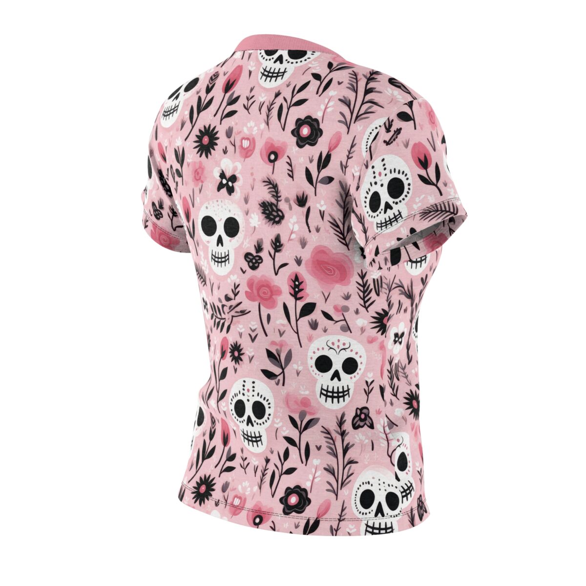 Featuring Day of the Dead skulls amidst delicate pink florals, this unique graphic apparel boasts a vibrant seamless print with a 360 wrap-around design.