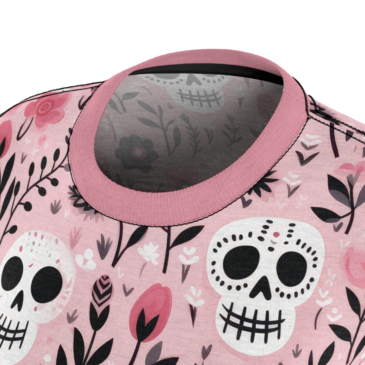 Features a vibrant seamless print of sugar skulls and pink florals with a 360 wrap-around design for unique graphic apparel.