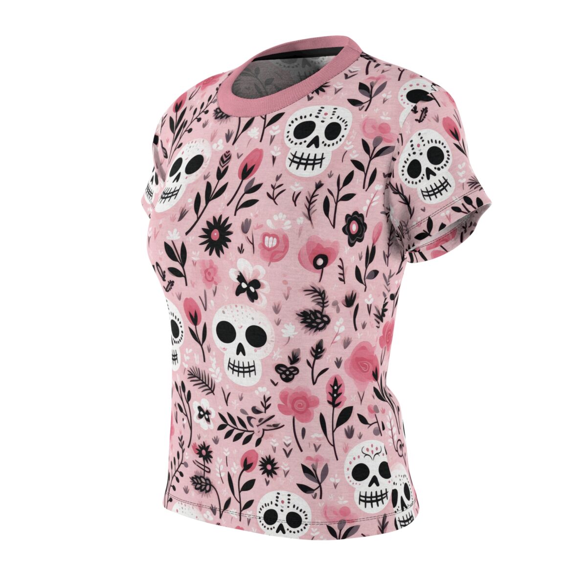Pink tee with a vibrant seamless print of Day of the Dead skulls and flowers, featuring a 360 wrap-around design for unique graphic apparel.