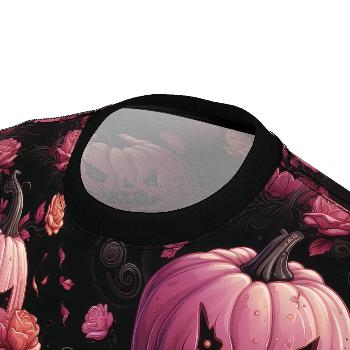 Pink pumpkins and dark roses cover this graphic streetwear tee, with swirling dark accents and falling petals.
