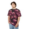 Pink and purple jack-o'-lanterns and roses cover this full print shirt, set against a dark, shadowy background.