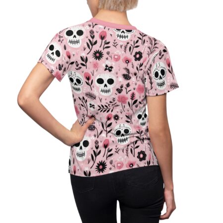 This vibrant seamless print features sugar skulls and pink flowers with a 360 wrap-around design, offering unique graphic apparel.
