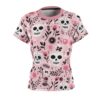 This pink tee features a vibrant seamless print of Day of the Dead skulls and flowers, showcasing a unique graphic apparel with a 360 wrap-around design.