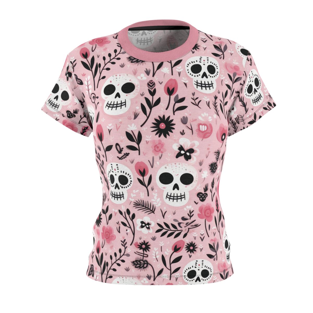 This pink tee features a vibrant seamless print of Day of the Dead skulls and flowers, showcasing a unique graphic apparel with a 360 wrap-around design.