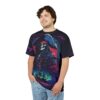 All over print pirate skull sublimation tee showcasing a ship on a vibrant, stormy sea with psychedelic clouds.