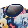 All over print poodle graphic tee featuring colorful dog faces and bones on a navy background.