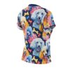 Colorful all over print t-shirt featuring poodle dog faces and bone graphics on a dark blue background.