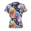 All over print sublimation tee featuring a seamless pattern of colorful poodles and dog bones on a navy background.