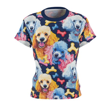 All over print sublimation tee featuring a seamless pattern of colorful poodles and dog bones on a navy background.