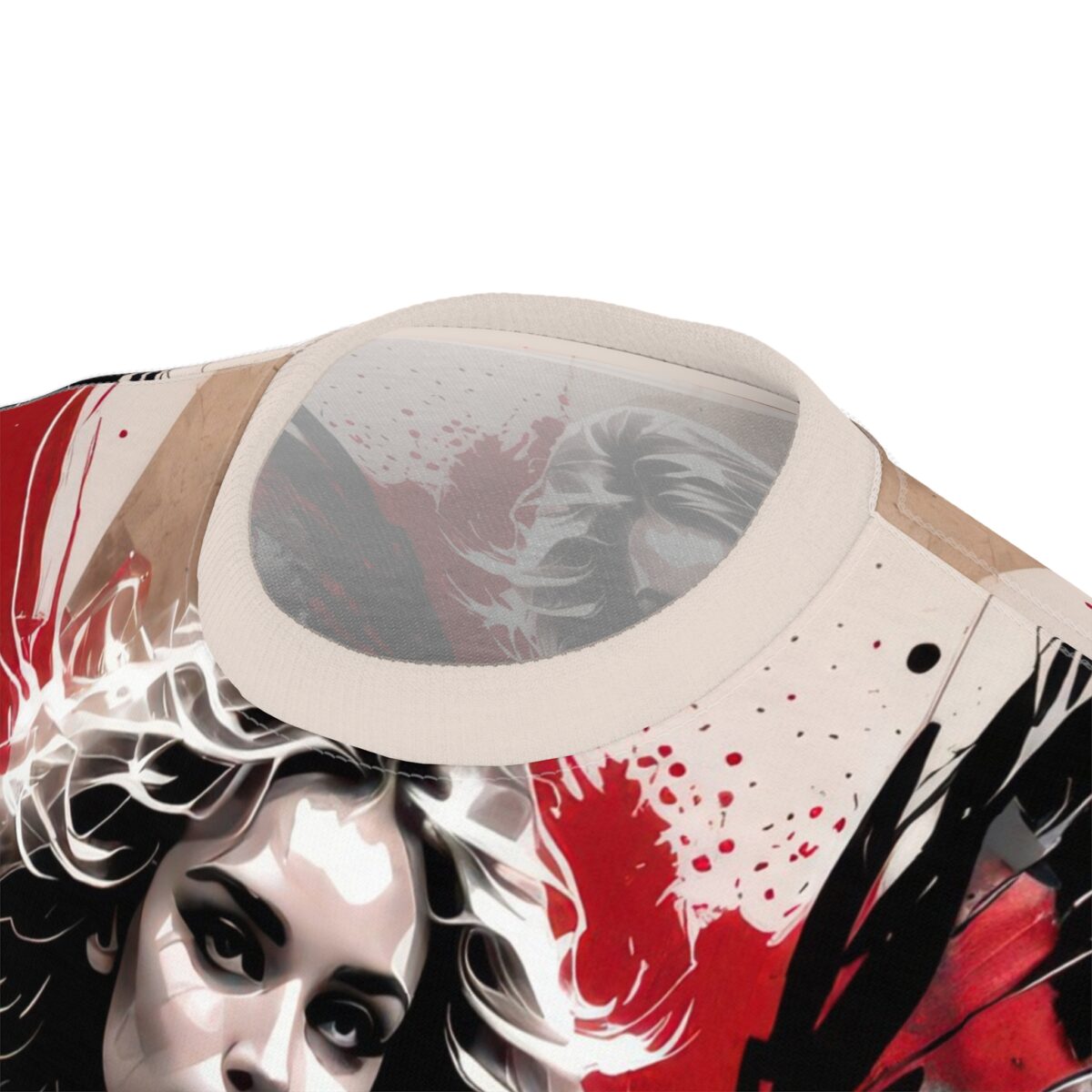 Woman portrait graphic all over print tee, abstract red and black paint splatters sublimation design.
