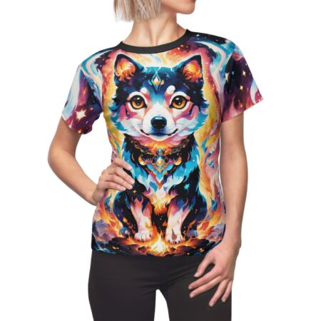 Trippy festival cosmic wolf all over print sublimation tee featuring vibrant galaxy and flame artwork in colorful streetwear aesthetic.