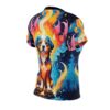 Psychedelic dog, colorful flames, blue water effects, seamless all over print design, dark background, sublimation tee, trippy festival vibe.