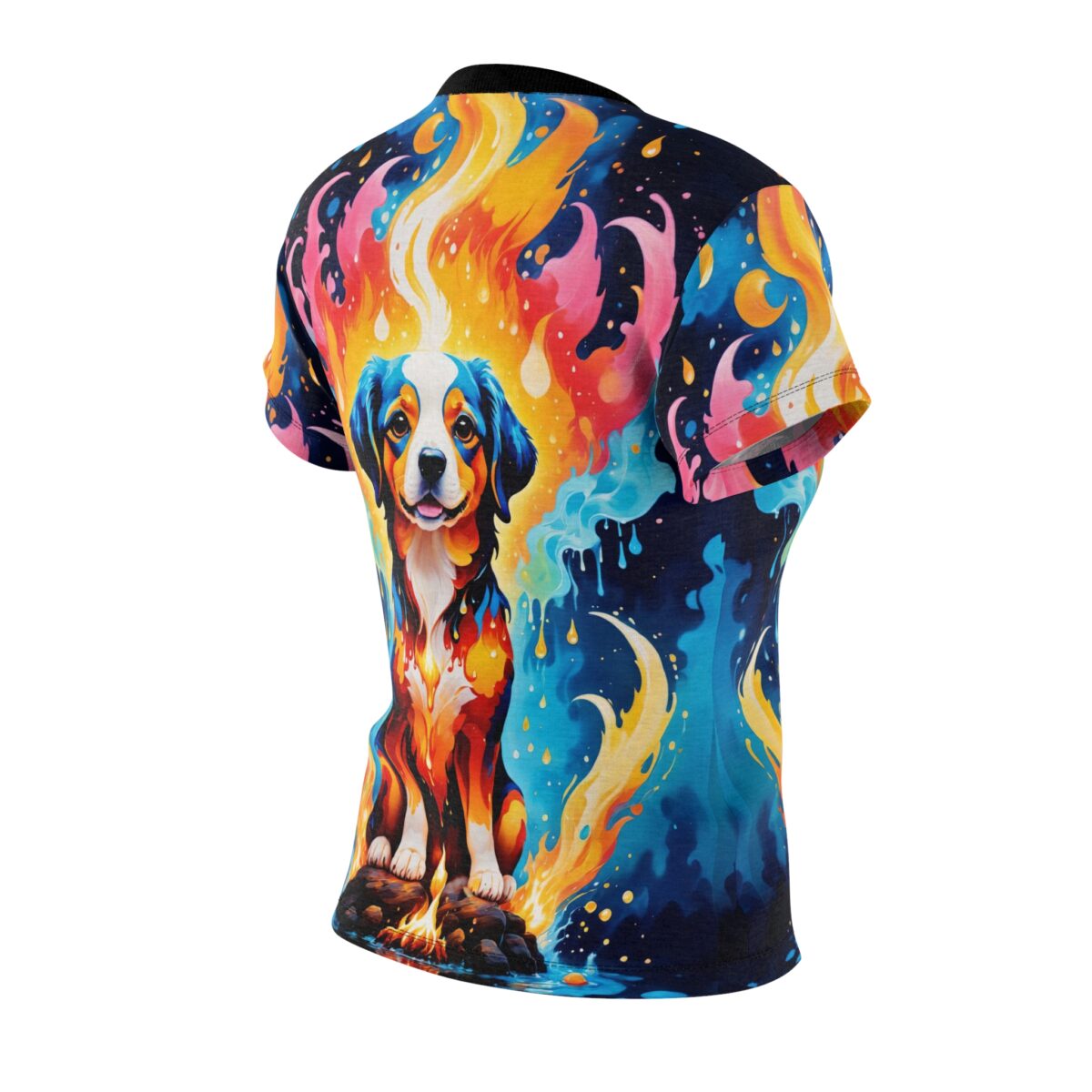 Psychedelic dog, colorful flames, blue water effects, seamless all over print design, dark background, sublimation tee, trippy festival vibe.