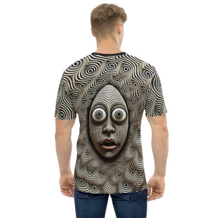 Sublimation tee with all over print featuring a trippy psychedelic face design with swirling black and white patterns.