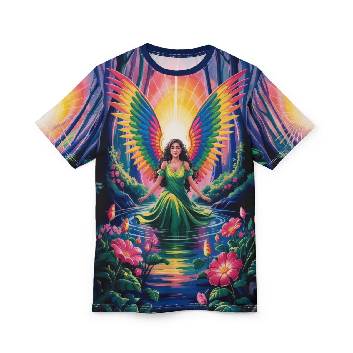 Vibrant rainbow wings and a serene woman in a green dress sit in a mystical forest pond, surrounded by lush greenery and bright pink flowers.