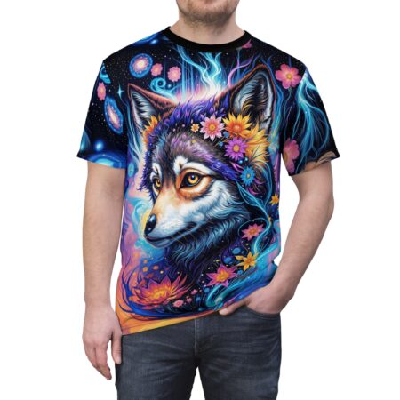 Vibrant, psychedelic wolf graphic all over print sublimation tee with floral and cosmic elements.