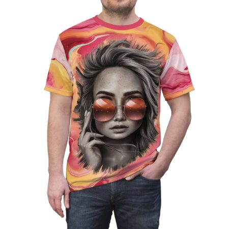 Swirls of pink, orange, and yellow cover this graphic streetwear tee, with a portrait of a woman in sunglasses.