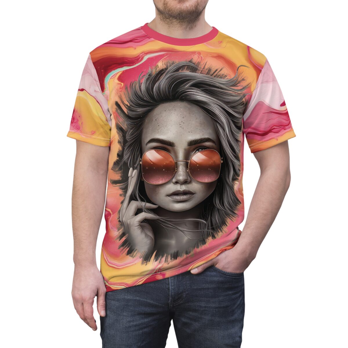 Swirls of pink, orange, and yellow cover this graphic streetwear tee, with a portrait of a woman in sunglasses.