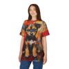 Vibrant reds, blues, and yellows cover this full print shirt, depicting a detailed painting of a cute puppy.