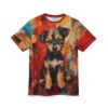 A t-shirt with a vibrant, abstract painting of a cute puppy in the center.