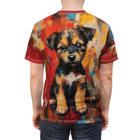 Vivid reds, yellows, and blues form an abstract background for a detailed painting of a fluffy puppy.