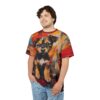 Red, orange, yellow, and blue painterly strokes cover this all over print t-shirt, featuring a portrait of a cute puppy.