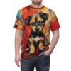 Bold reds, oranges, and blues cover this seamless pattern tee, featuring a vibrant oil painting of a puppy.