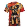 Bold brushstrokes of red, orange, yellow, and blue create an abstract background behind a painted puppy.