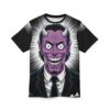 Purple devil in a suit all over print sublimation tee with a wild grin and spiky background.