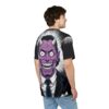 Men's black t-shirt with a full sublimation print featuring a purple devil in a suit, wide grin, and horns.