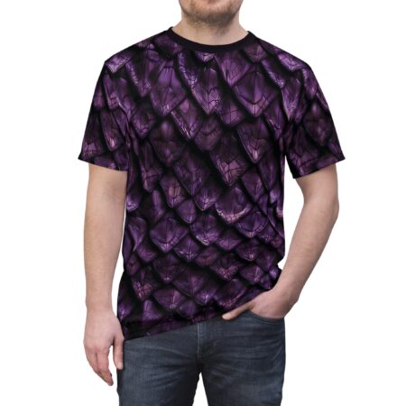 Men's all over print t-shirt, detailed purple dragon scale sublimation design wraps around the garment.