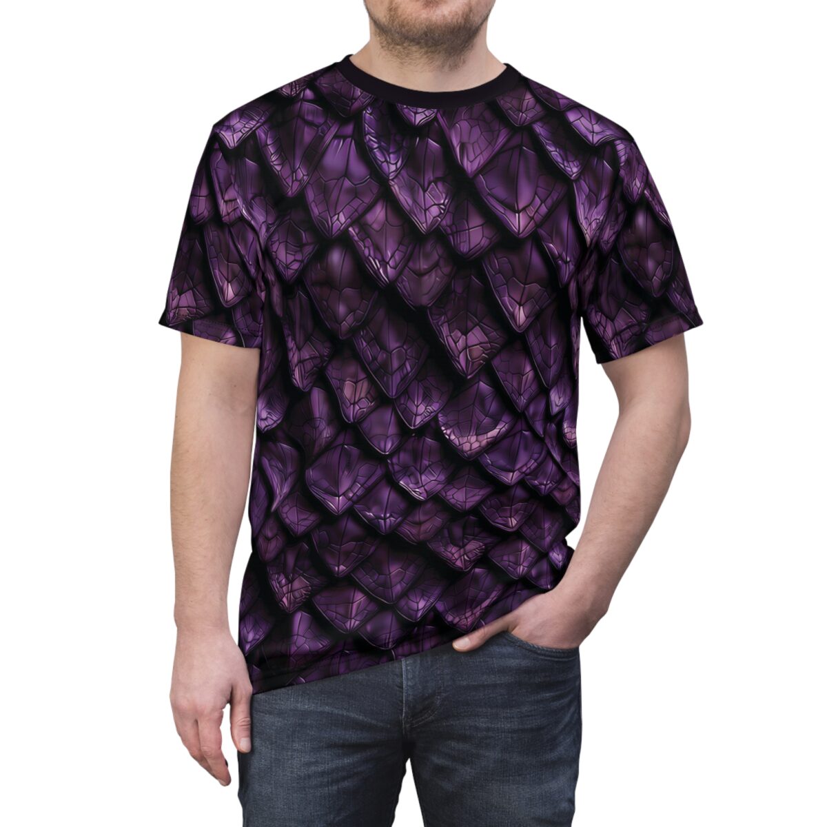 Men's all over print t-shirt, detailed purple dragon scale sublimation design wraps around the garment.