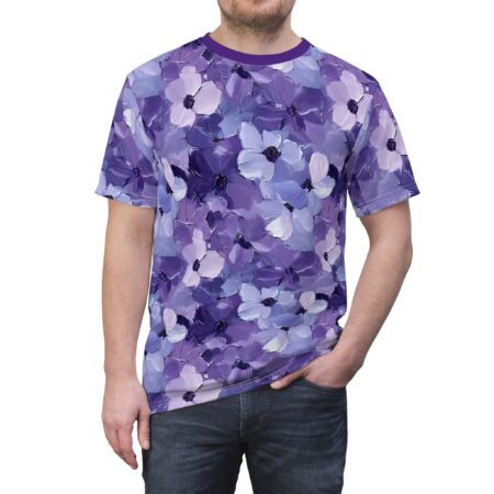 Rich purple, lavender, and white floral brushstrokes cover this oversized full print tee, creating an artistic blossom pattern.