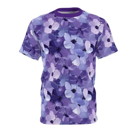 Various shades of purple and lavender flowers with dark centers cover this seamless pattern tee, depicted in a textured, painterly style.