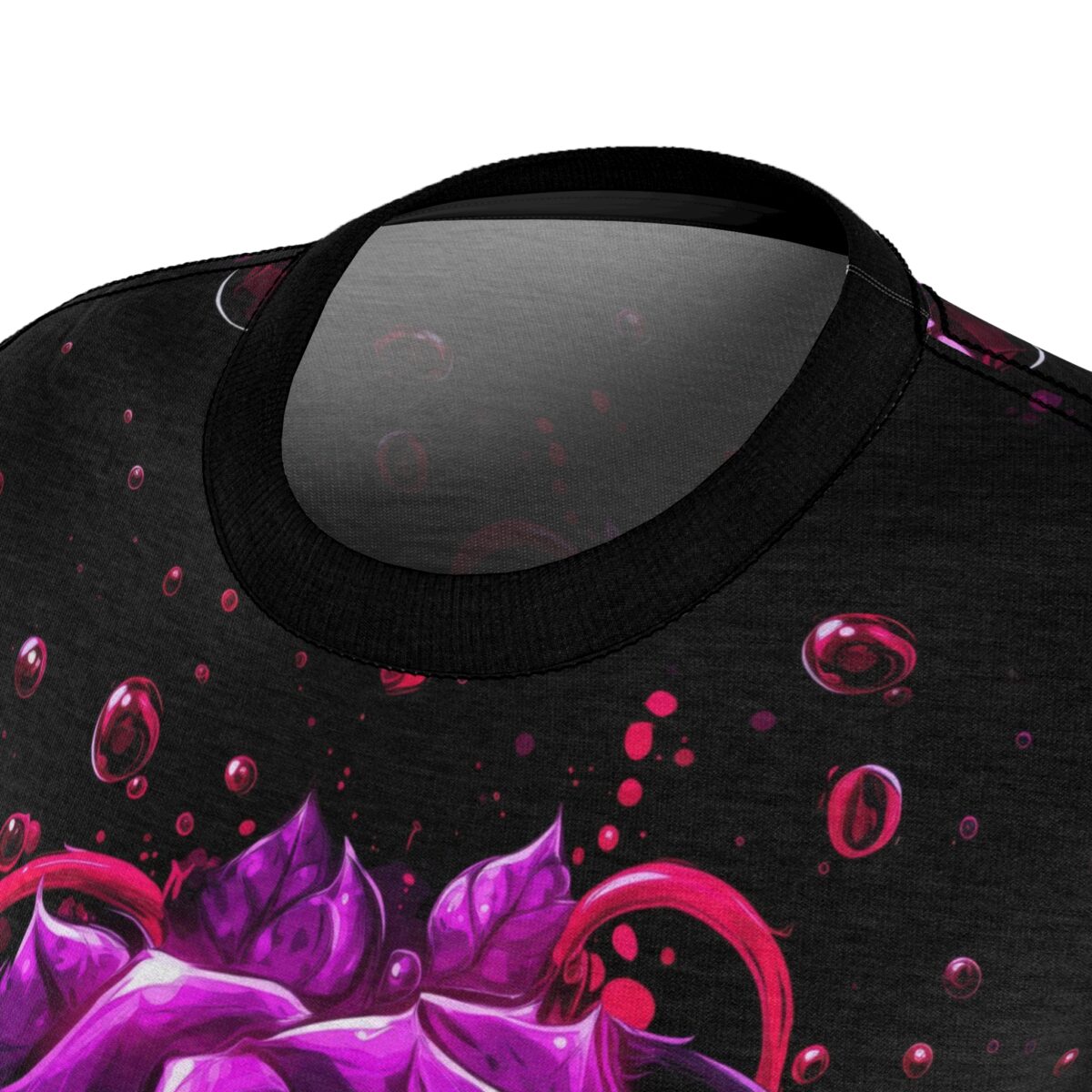 Cyber grunge all over print sublimation tee featuring a vivid purple rose with red swirling accents and pink bubble graphics.