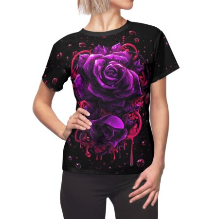 All over print sublimation tee featuring a dark purple rose graphic with dripping accents and bubble details on a black background.