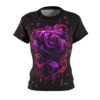 Dark t-shirt with a large purple rose and dripping pink accents, surrounded by dark bubbles and splatters.