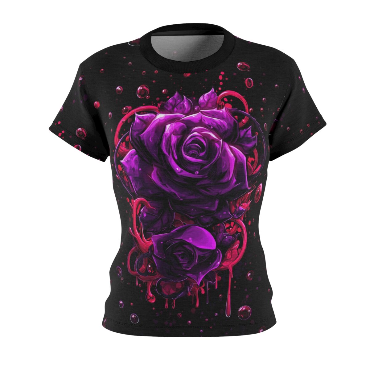 Dark t-shirt with a large purple rose and dripping pink accents, surrounded by dark bubbles and splatters.