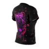 All over print sublimation tee with a purple rose and dripping pink effect, surrounded by red bubbles.