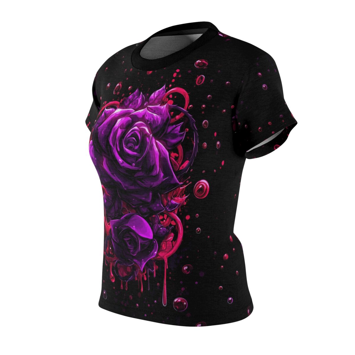 Black sublimation tee with all over print of dripping purple roses and pink liquid accents. Features a dark, edgy streetwear aesthetic.
