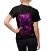 Cyber grunge all over print sublimation tee with vibrant purple roses and dripping pink accents, featuring scattered glossy bubble graphics.