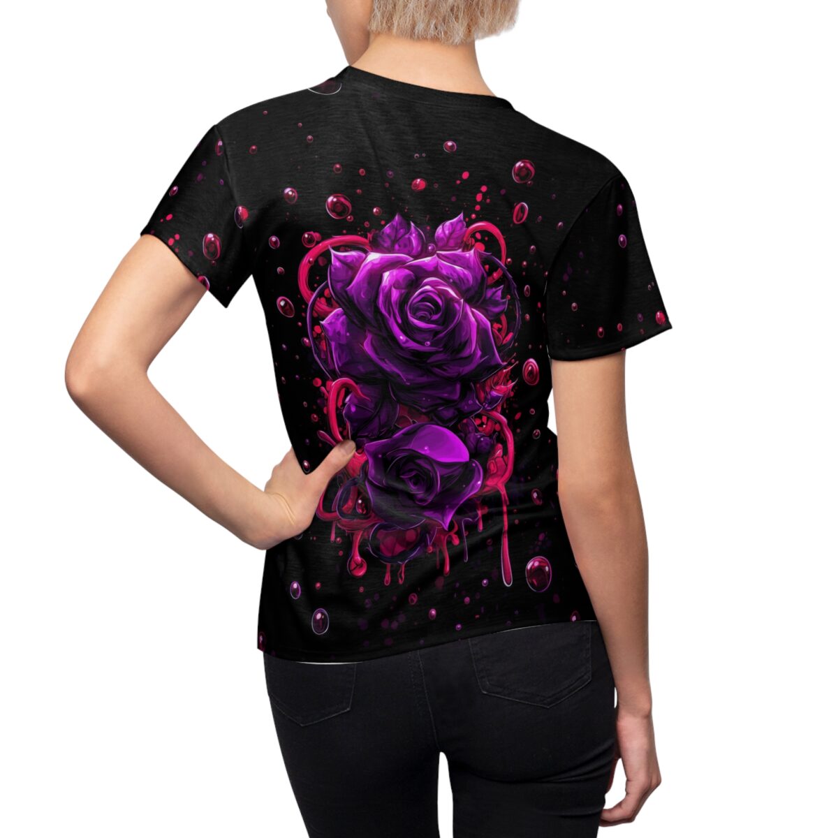 Cyber grunge all over print sublimation tee with vibrant purple roses and dripping pink accents, featuring scattered glossy bubble graphics.