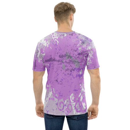 Purple and grey paint splatters and abstract swirls cover this 3D graphic t-shirt, showing a distressed, artistic pattern.