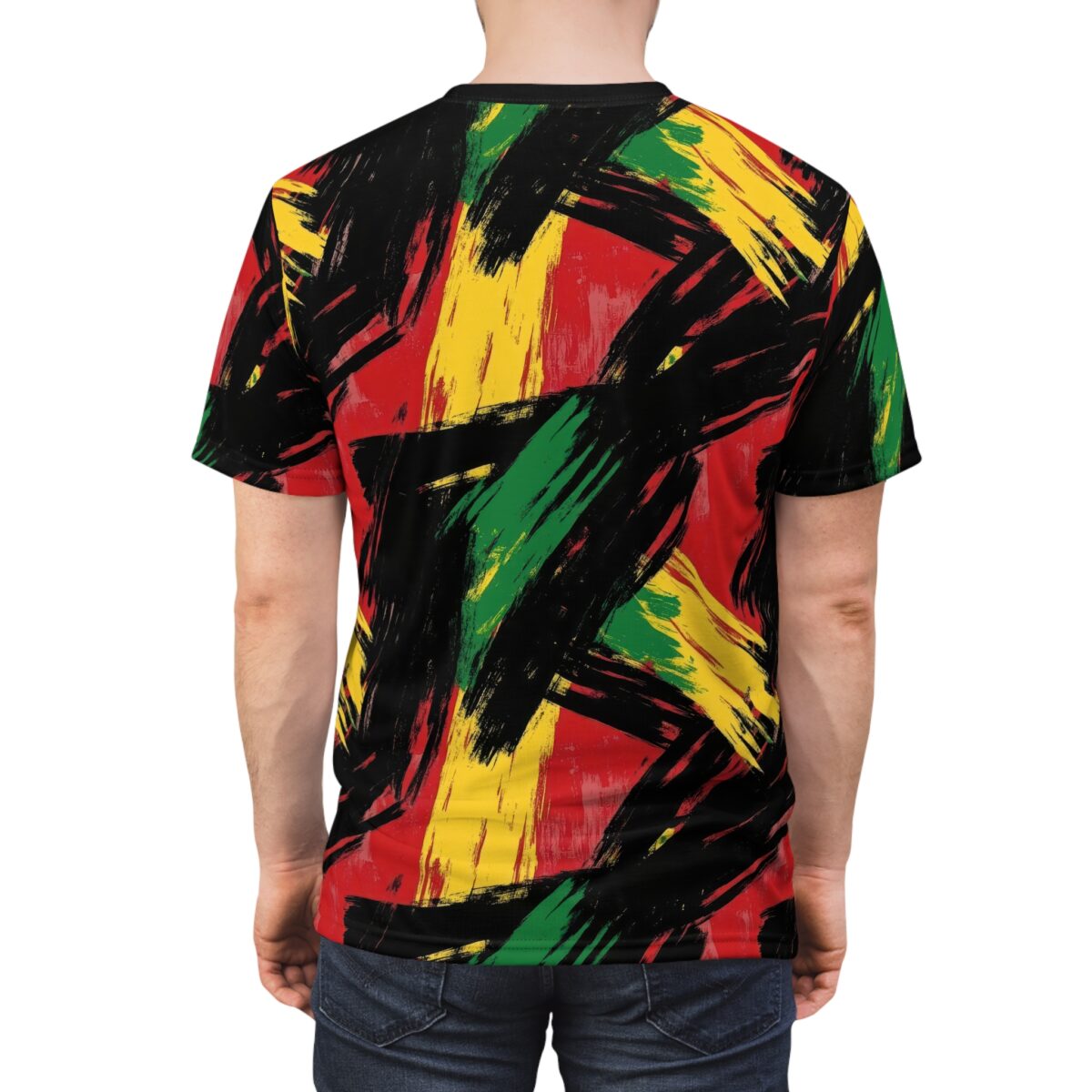 Bold red, yellow, and green brush strokes against a black background cover this all over print apparel, creating a vibrant, abstract pattern.