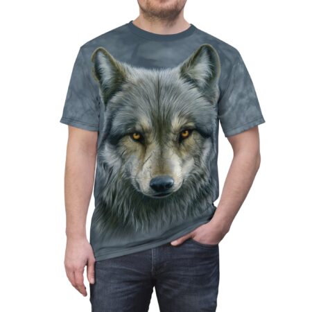 Grey and black watercolor textures cover this graphic streetwear tee, depicting a realistic wolf's face with intense yellow eyes.