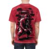 This t-shirt features a striking red all over print design with a dynamic samurai ninja illustration. The seamless print wraps around the garment, showcasing intricate details of the warrior and traditional Japanese architecture.