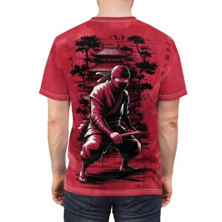 This t-shirt features a striking red all over print design with a dynamic samurai ninja illustration. The seamless print wraps around the garment, showcasing intricate details of the warrior and traditional Japanese architecture.