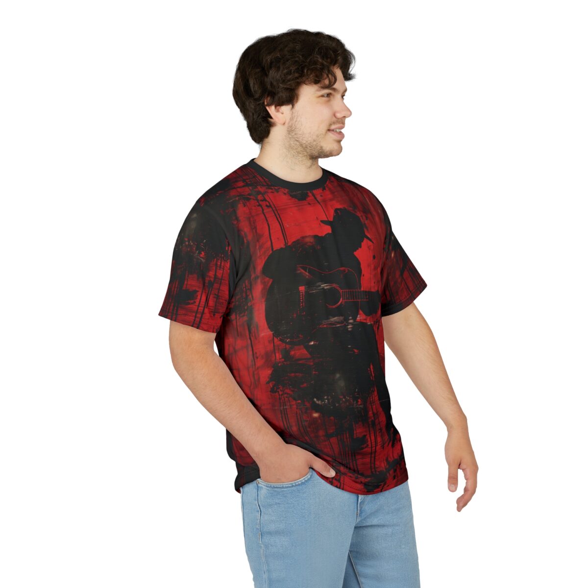 Red and black abstract paint strokes cover this graphic streetwear tee, featuring a silhouette of a musician playing guitar.
