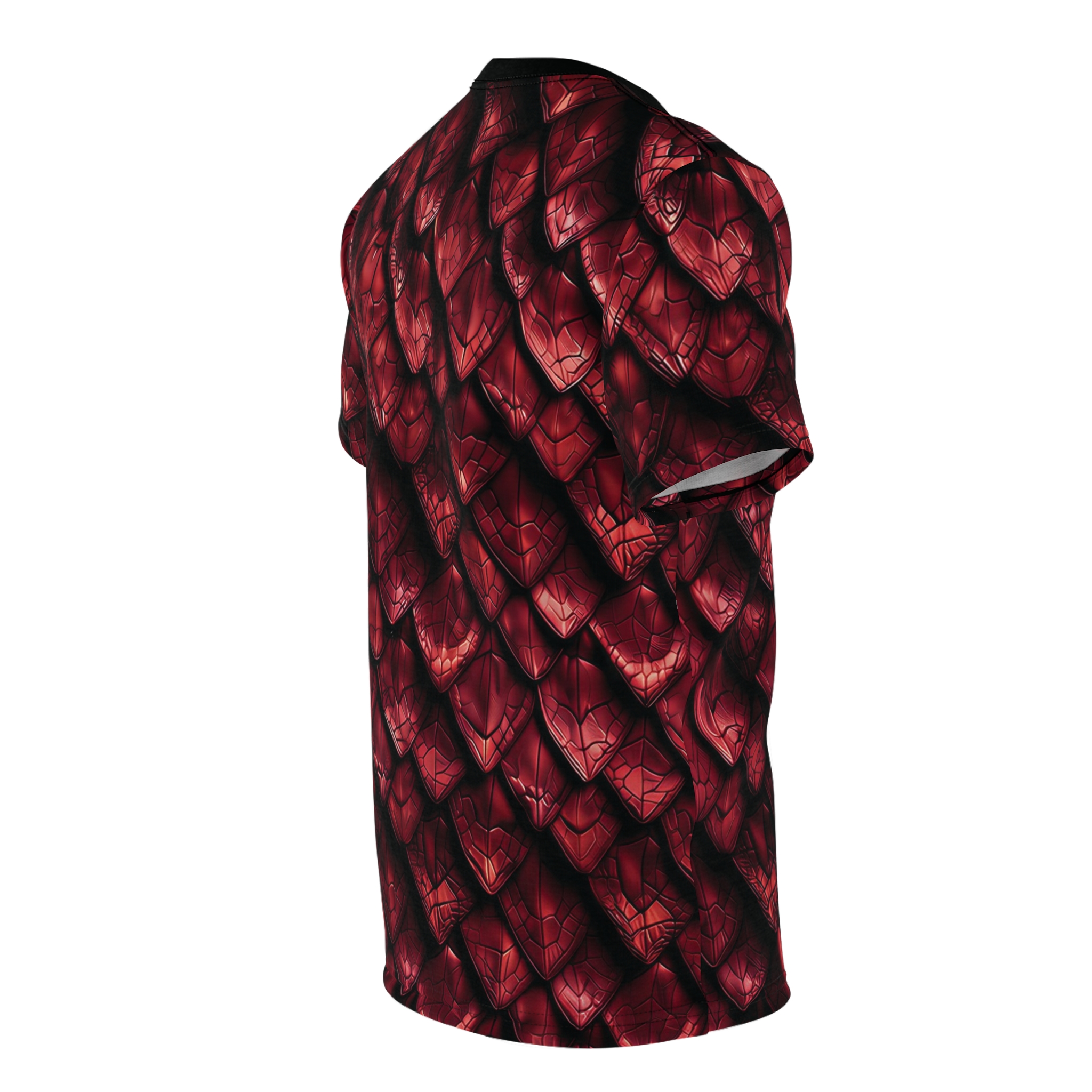 Deep red, metallic-sheened dragon scales cover this oversized full print tee with a fantastical, textured look.